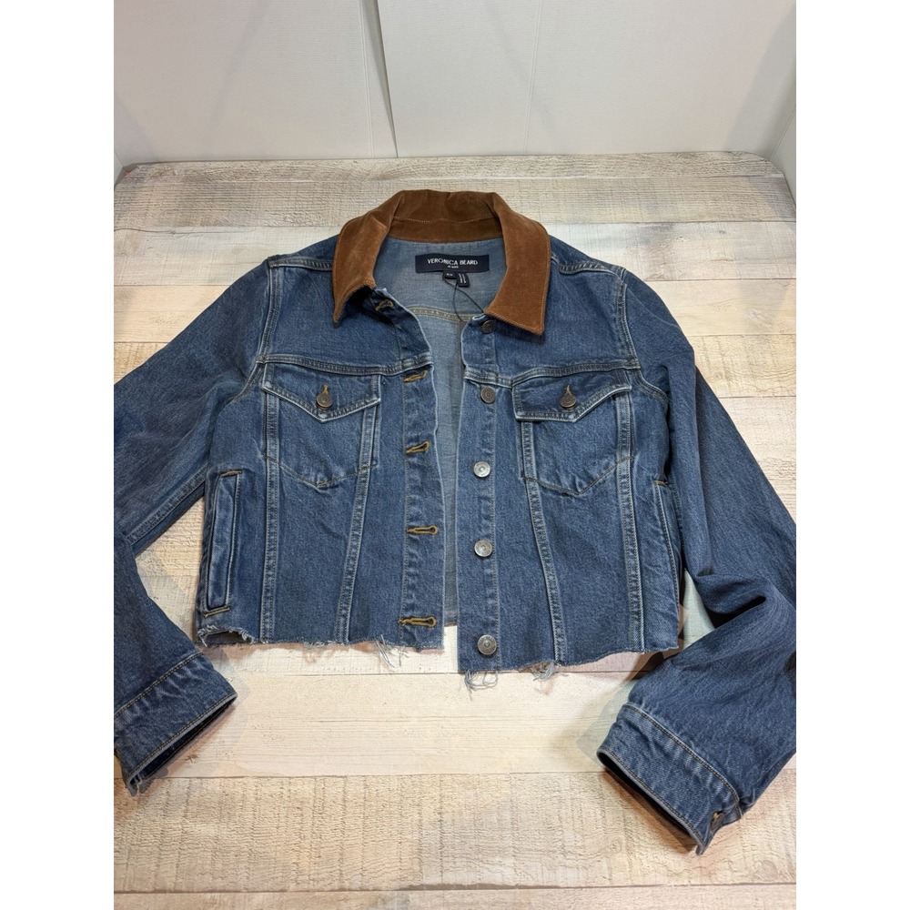 Veronica Beard Cara Denim Jacket Womens M Corduroy Collar Cropped NWT $448